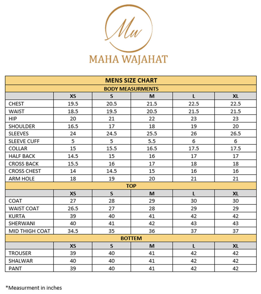 Maha Wajahat Khan Mens Size Chart